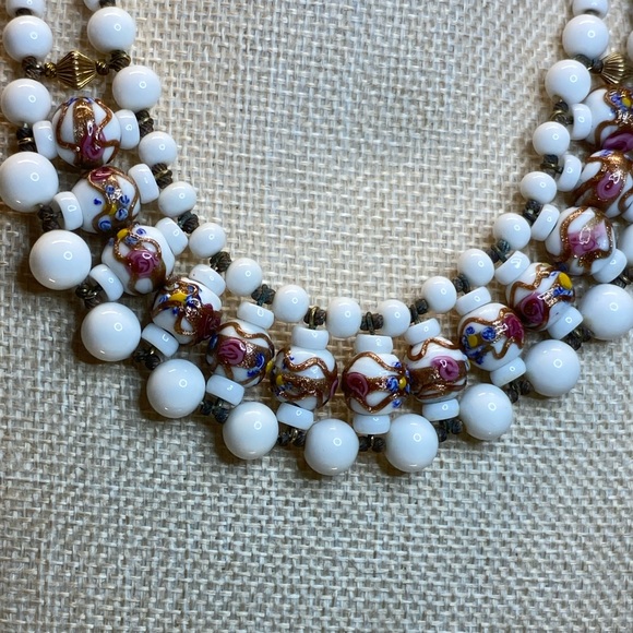 Vintage Rare Antique Venetian Wedding Cake & Milk Glass Beaded Bib Necklace 16” - Picture 3 of 17